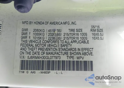 2016 Honda Cr-V Lx from USA, damaged, VIN 5J6RM4H30GL077973